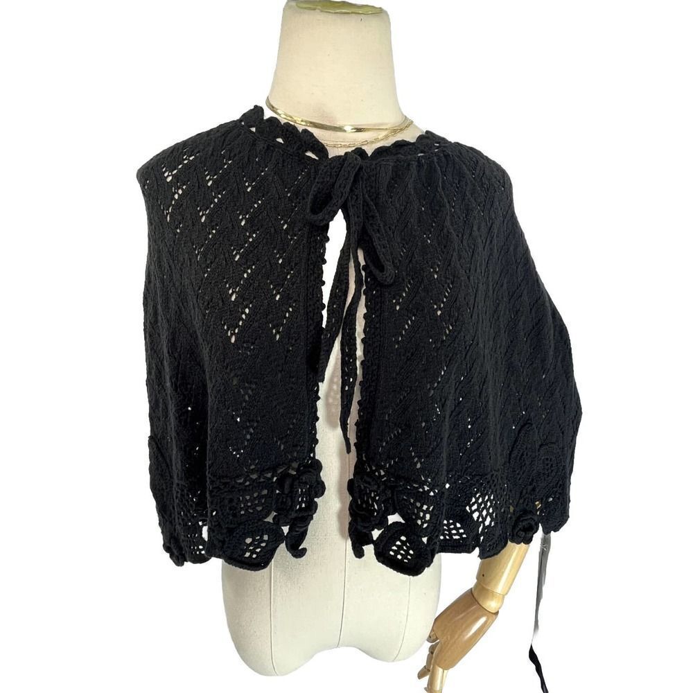 New April Cornell Boutique Black Crochet Shawl Shrug Cape Wrap OSFM Floral